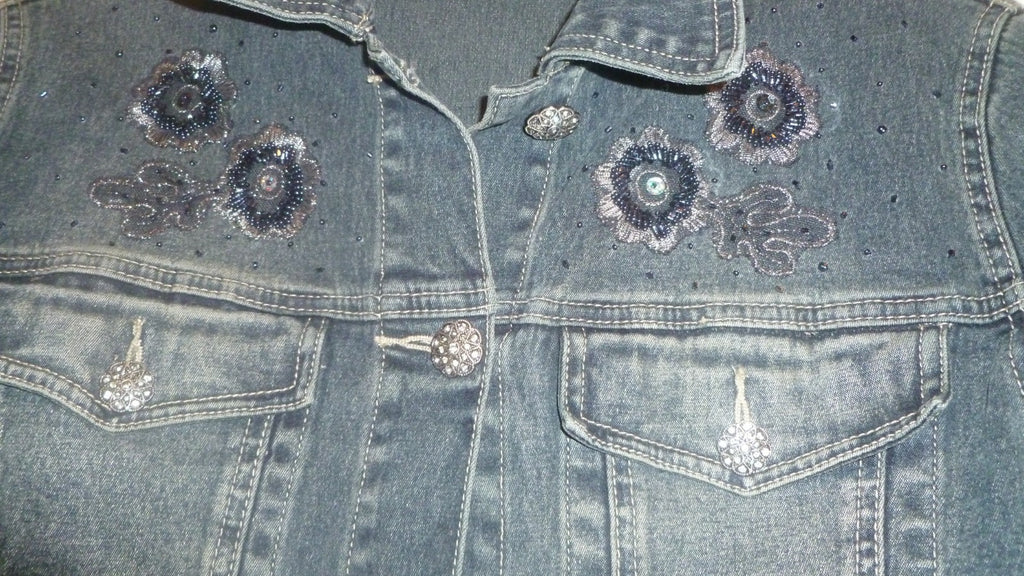 Ornate Denim Jean Jacket LACE BACK My Favorite Things Colleen Lopez Small