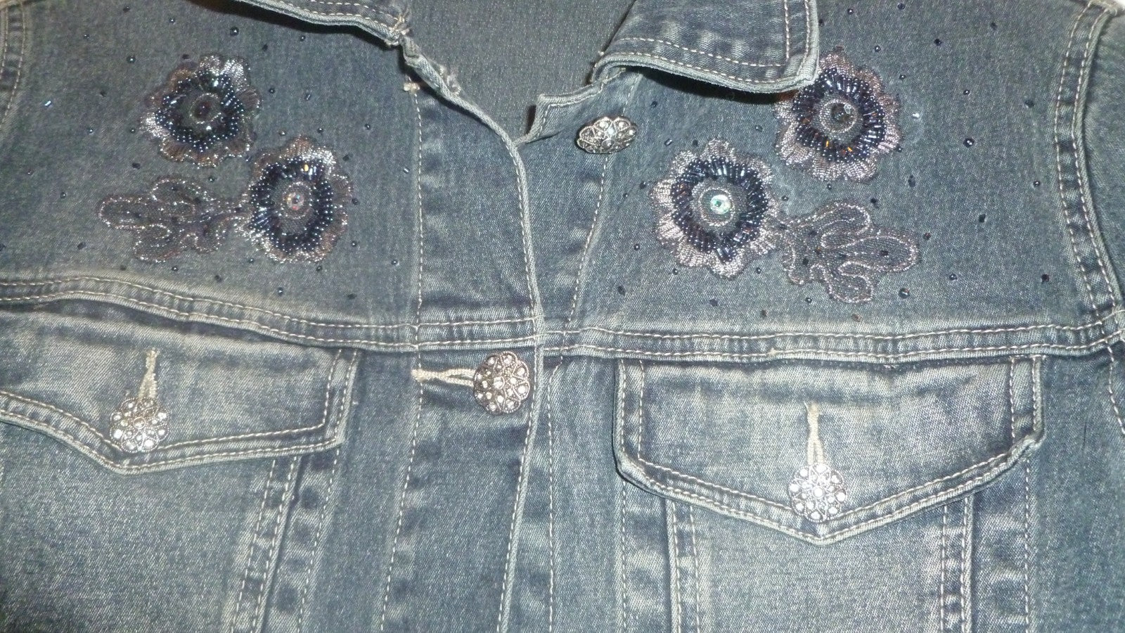 Ornate Denim Jean Jacket LACE BACK My Favorite Things Colleen Lopez Small