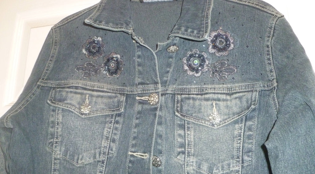 Ornate Denim Jean Jacket LACE BACK My Favorite Things Colleen Lopez Small
