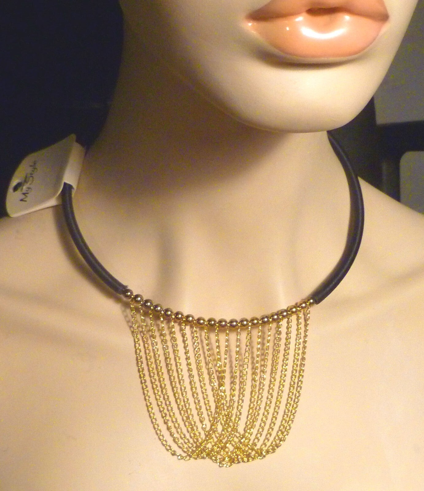 Choker Necklace Gold Ep. beads &chains Silk Wrapped Neckwire Lobster Clasp Blue