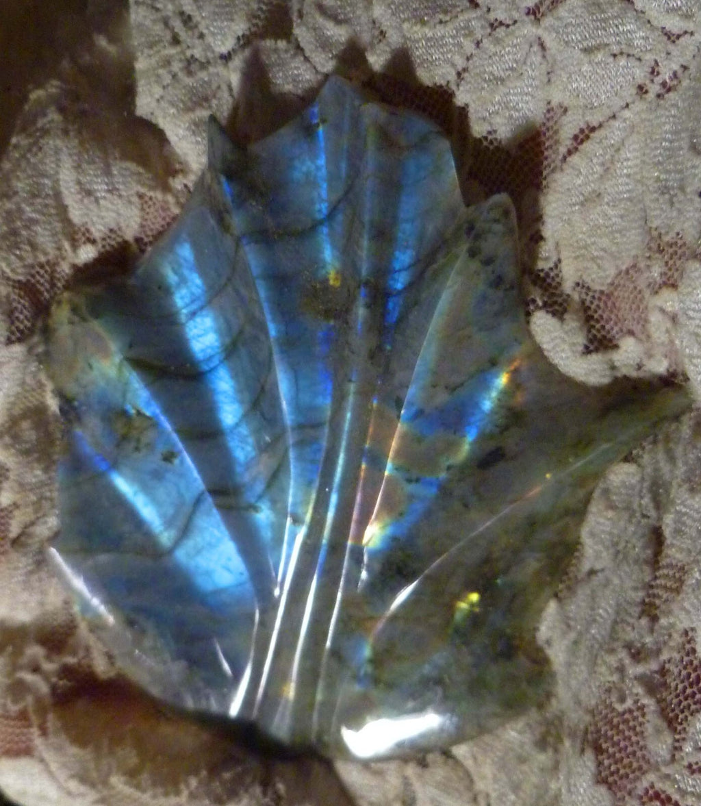 BLUE and GOLD CARVED and POLISHED LABRADORITE LEAF 307cts!