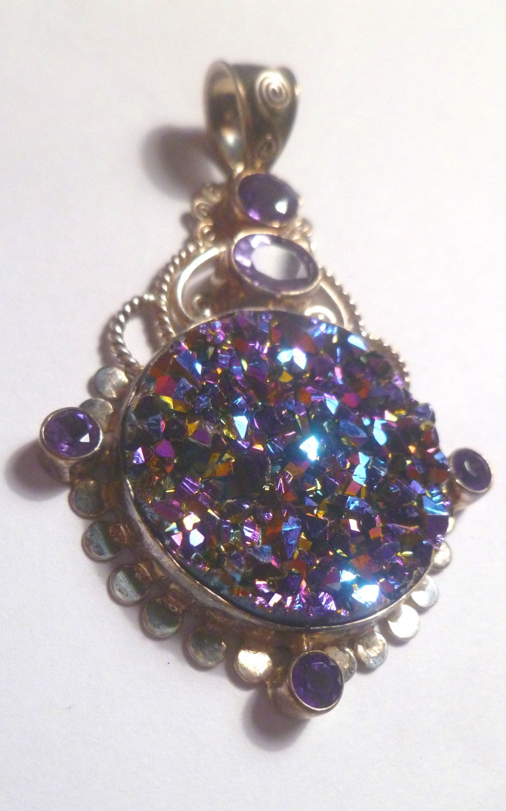 Mystic Drusy .925 Sterling Silver & Amethyst PENDANT 58mm Druzy Filigree