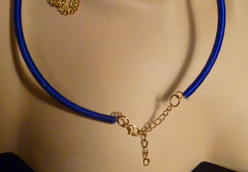 Choker Necklace Gold Ep. beads &chains Silk Wrapped Neckwire Lobster Clasp Blue