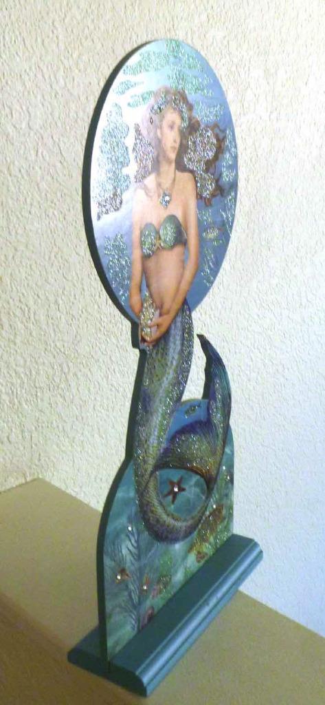 Beautiful Posing Mermaid, wood picture with wood stand