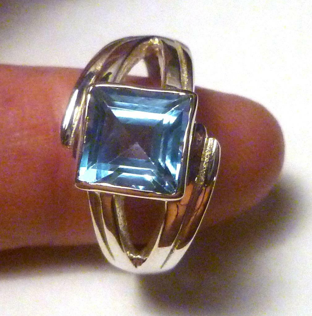 Minimalist 8mm Square Genuine SWISS BLUE TOPAZ .925 SILVER RING Sz8