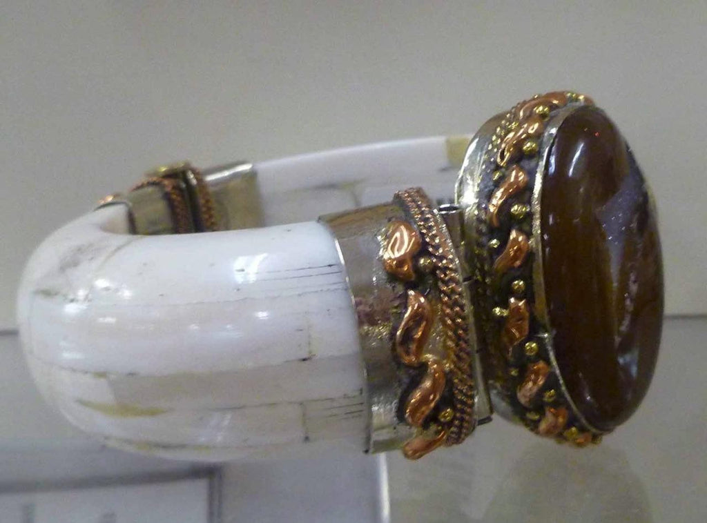 Brown Agate Druzy, Brass, Copper, German Silver Water Buffalo Bone CUFF BRACELET