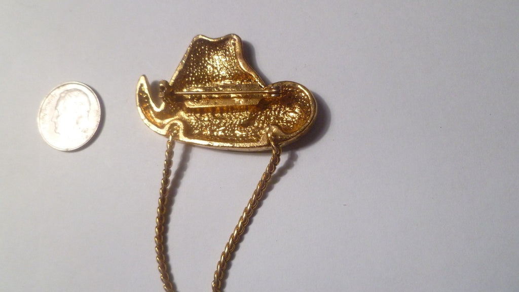 Cowboy hat pin Red enamel Gold Plated with Chain