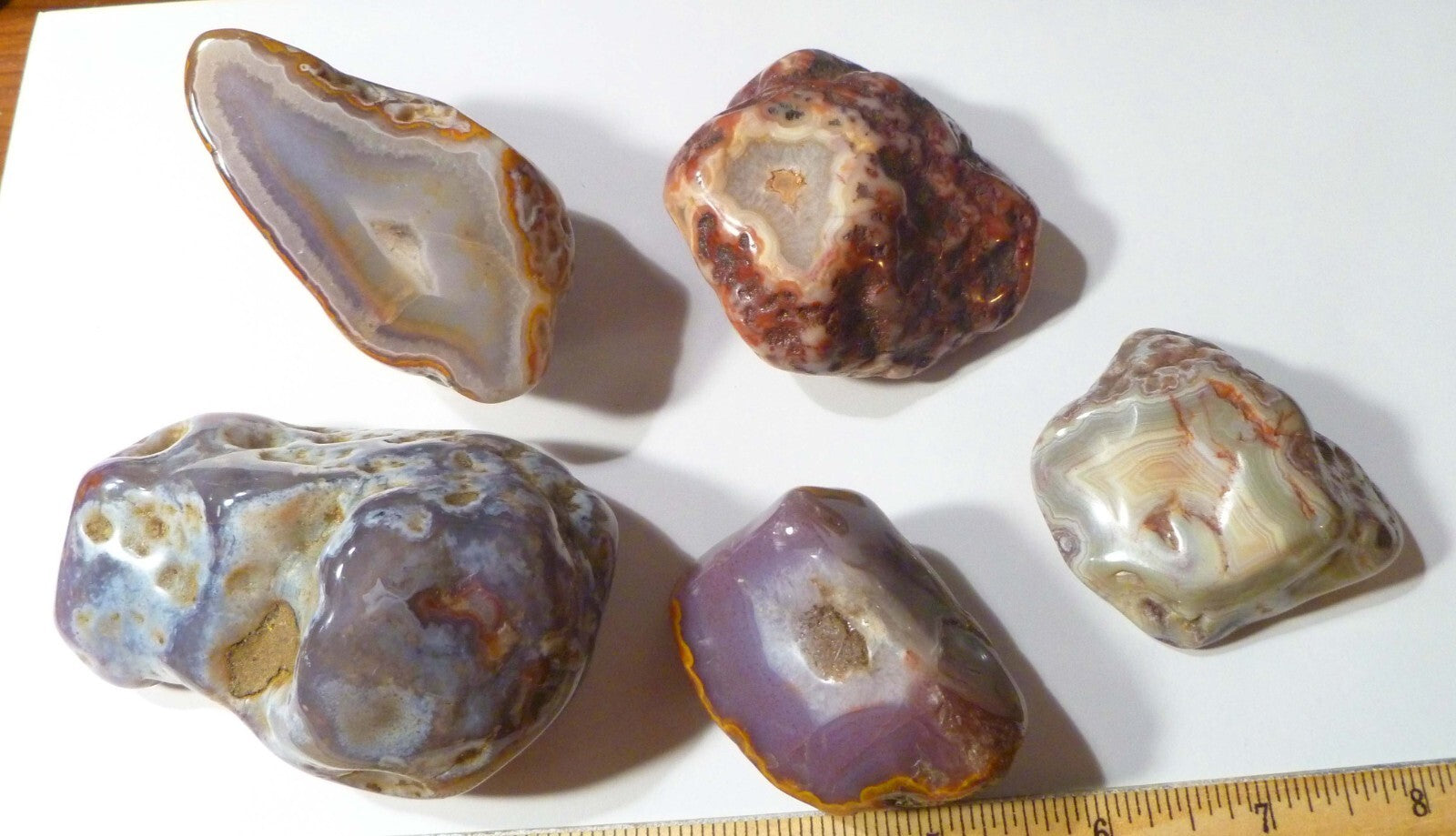 Lot of 5 Banded, Blue, Red agate geodes 1lb 8oz Nice Selection