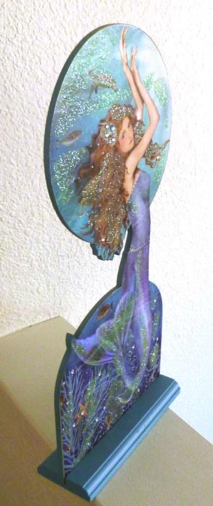 Beautiful Posing Mermaid, wood picture with wood stand