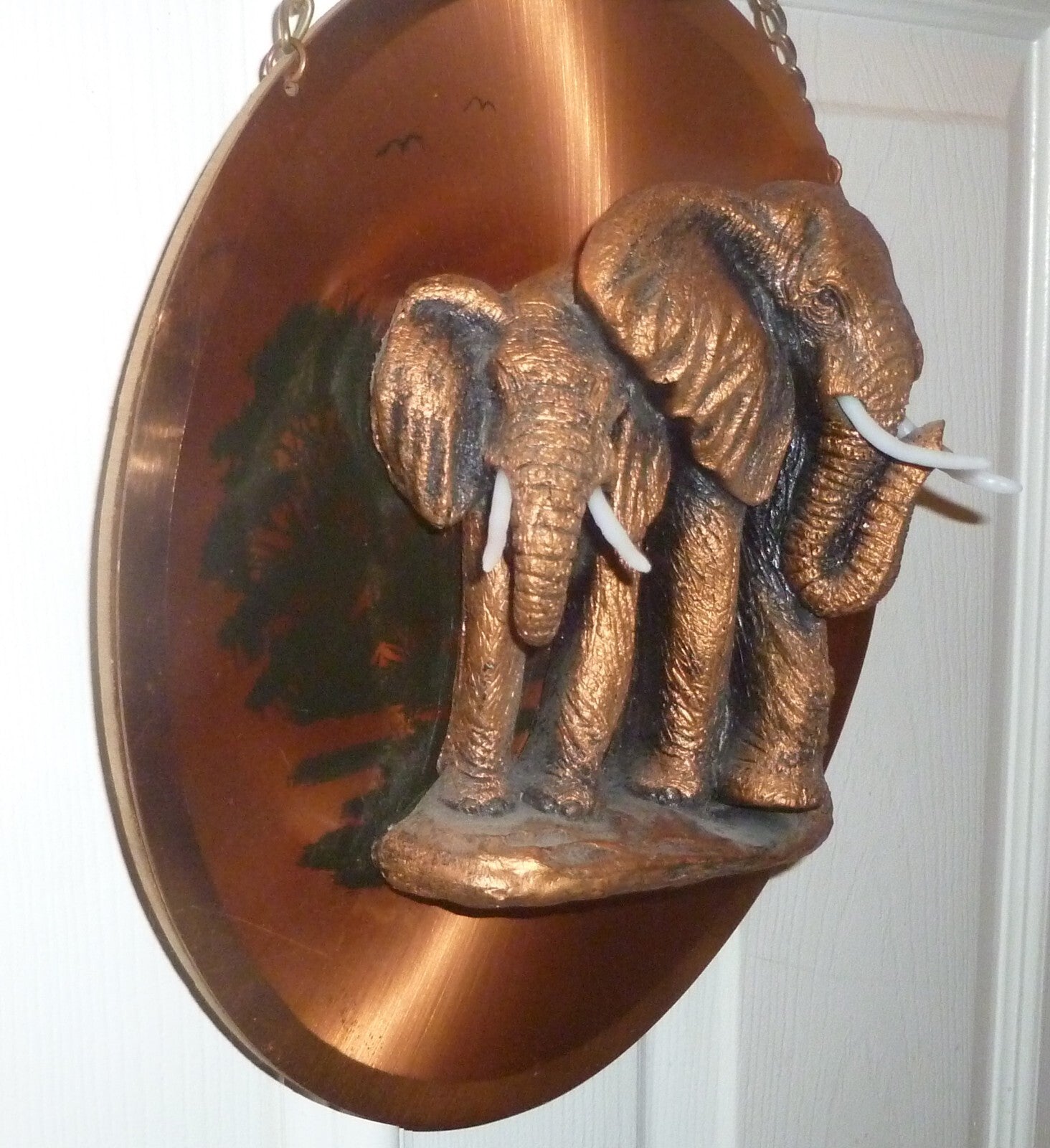 3D Elephants Ceramic on Copper Plate Plaque Tusks