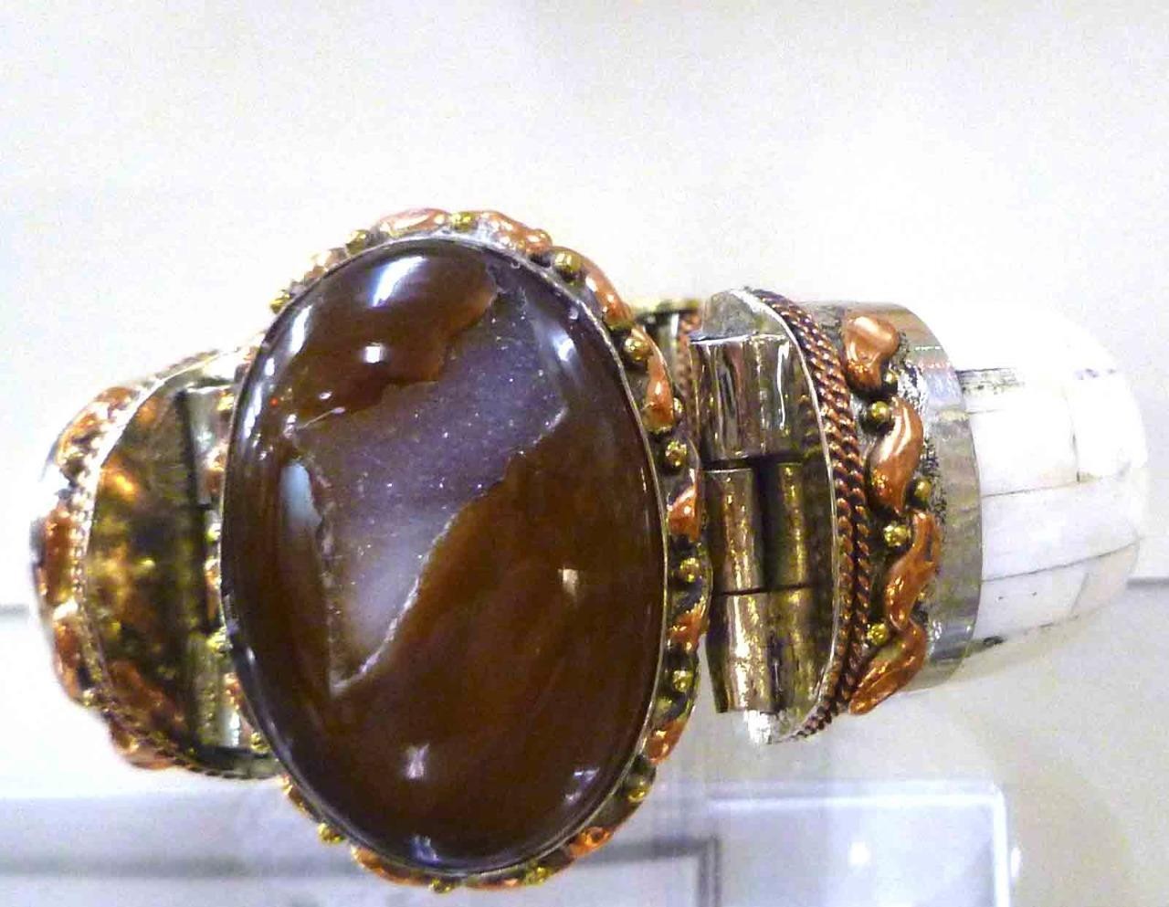 Brown Agate Druzy, Brass, Copper, German Silver Water Buffalo Bone CUFF BRACELET