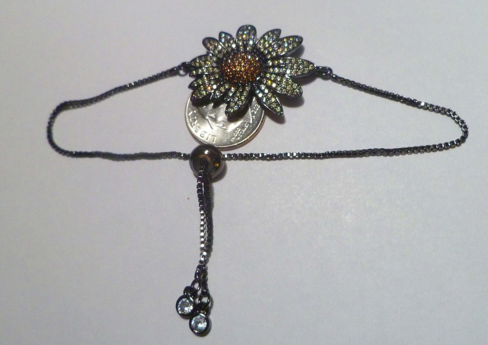 Delicate Crystal Flower Rhodium Silver Bracelet Slide Adjust