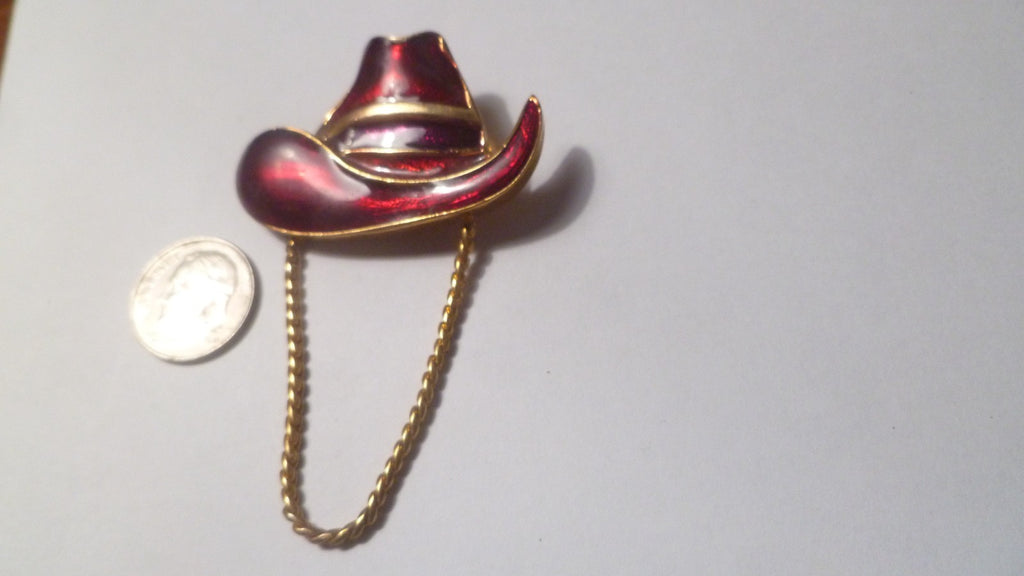Cowboy hat pin Red enamel Gold Plated with Chain
