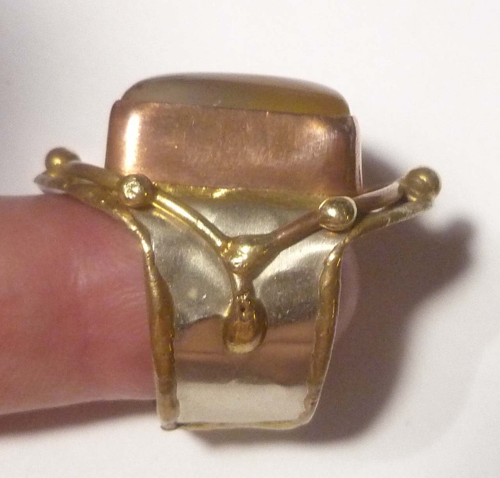 Yellow Chalcedony Brass Copper & German Silver Ring Size 9