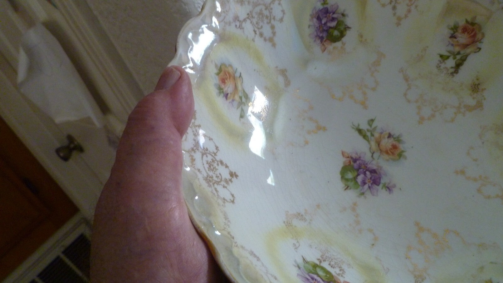 Antique Hand Painted Bowl Floral Design Gilded Gold Design