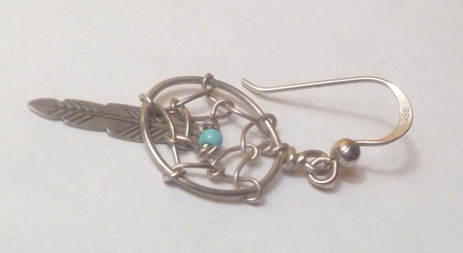Vintage Sterling Silver Dreamcatcher Earrings With Turquoise Bead And Feather