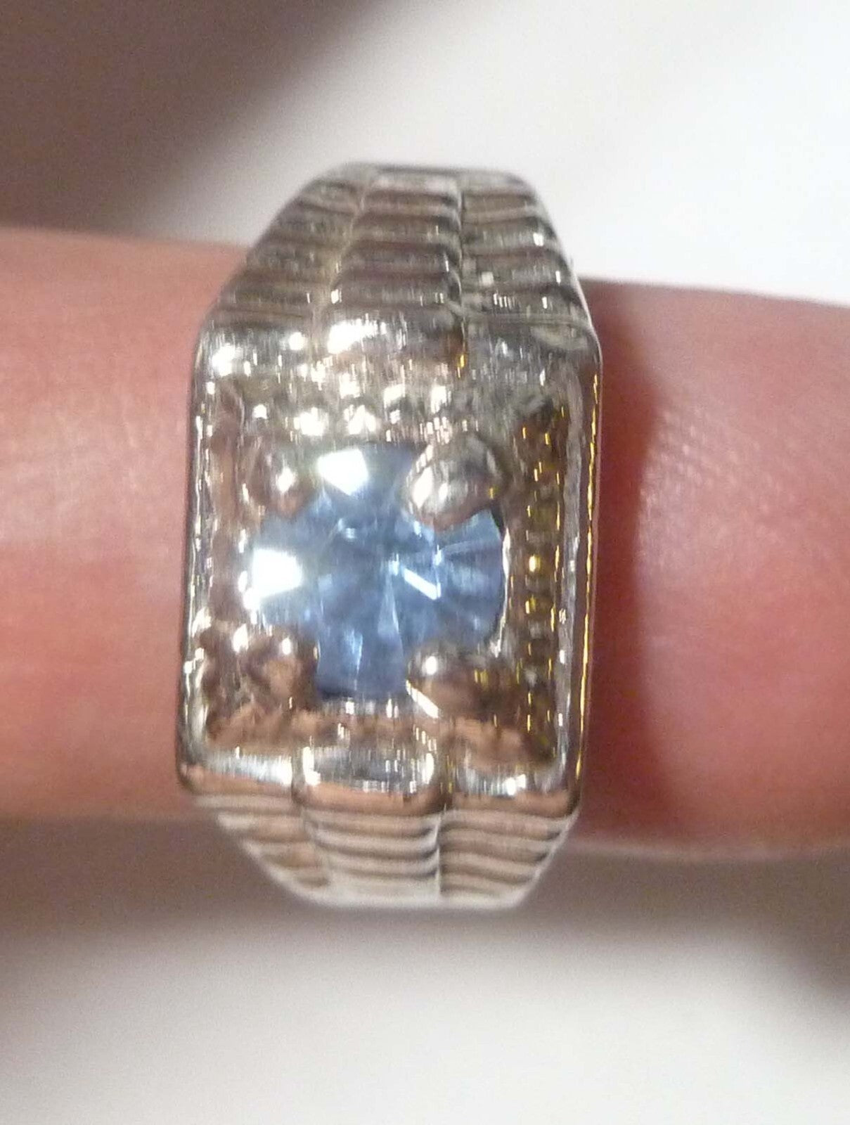 Blue TOPAZ RING 14k White Gold EP .925  Size 9 Men Women