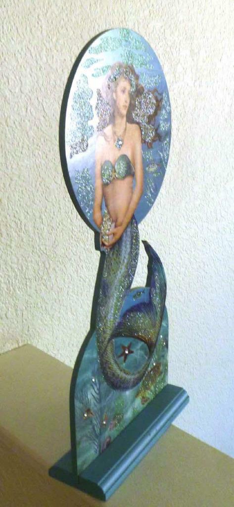 Beautiful Posing Mermaid, wood picture with wood stand