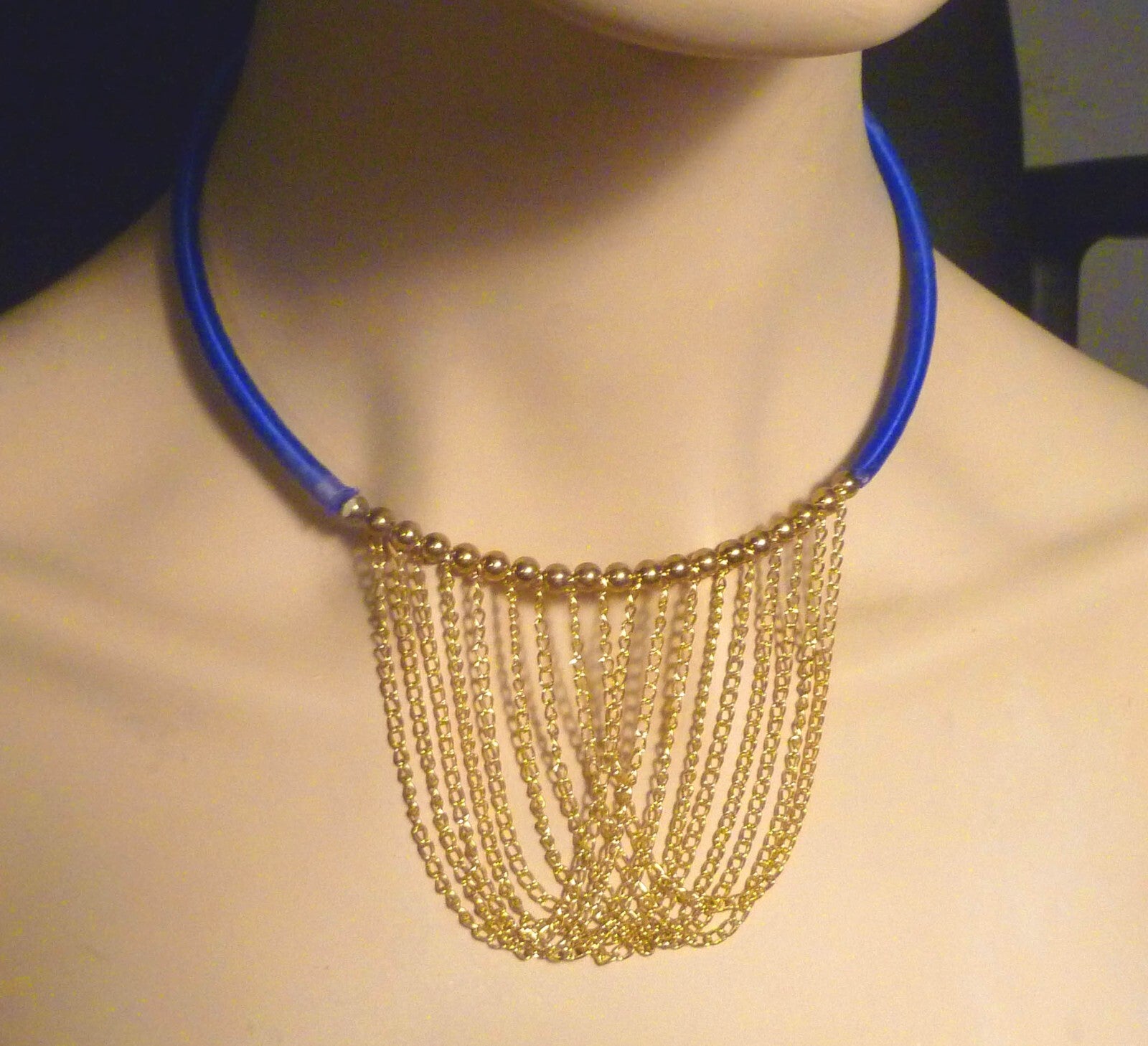 Choker Necklace Gold Ep. beads and chains Silk Wrapped Neckwire Lobster Clasp
